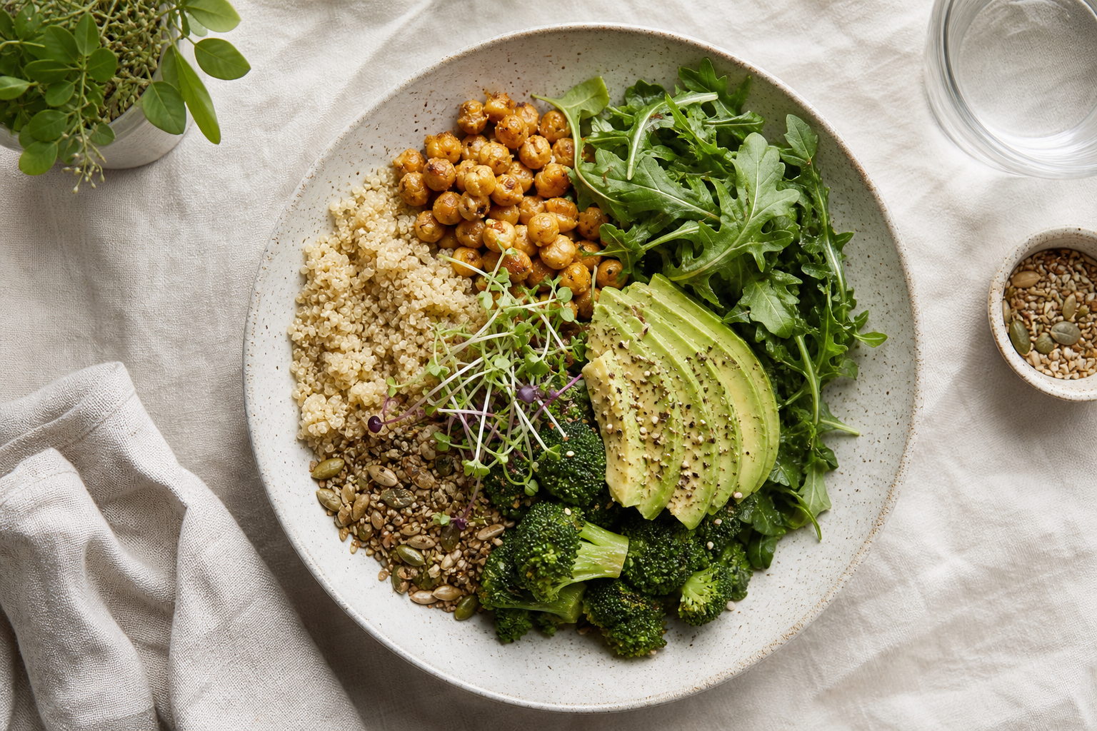 Bowl de granos con aguacate y verduras