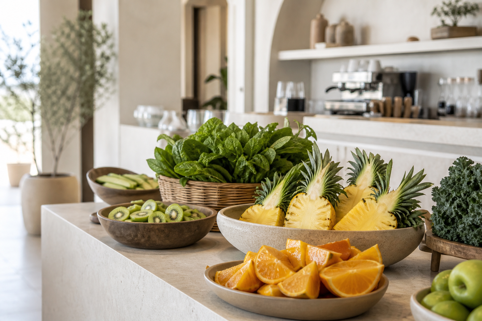Fruta y verdes frescos sobre la barra