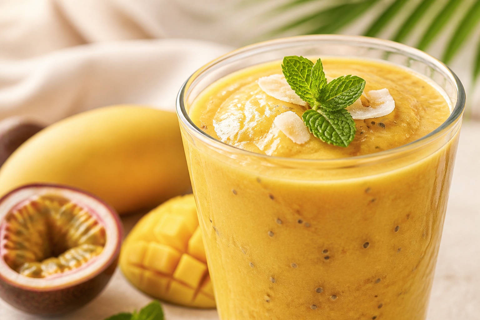 Batido fresco con fruta y hierbabuena
