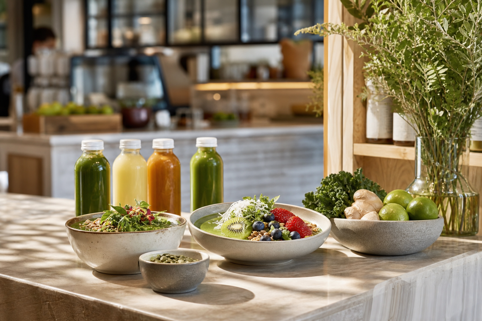 Barra con bowls y jugos listos para servir